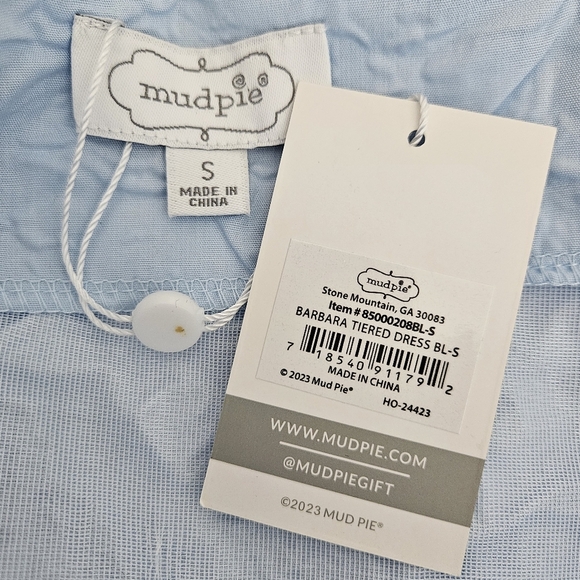 Mud Pie Barbara Tiered Shift Dress Blue Floral Jacquard Puff Short Sleeve Small - Picture 6 of 8